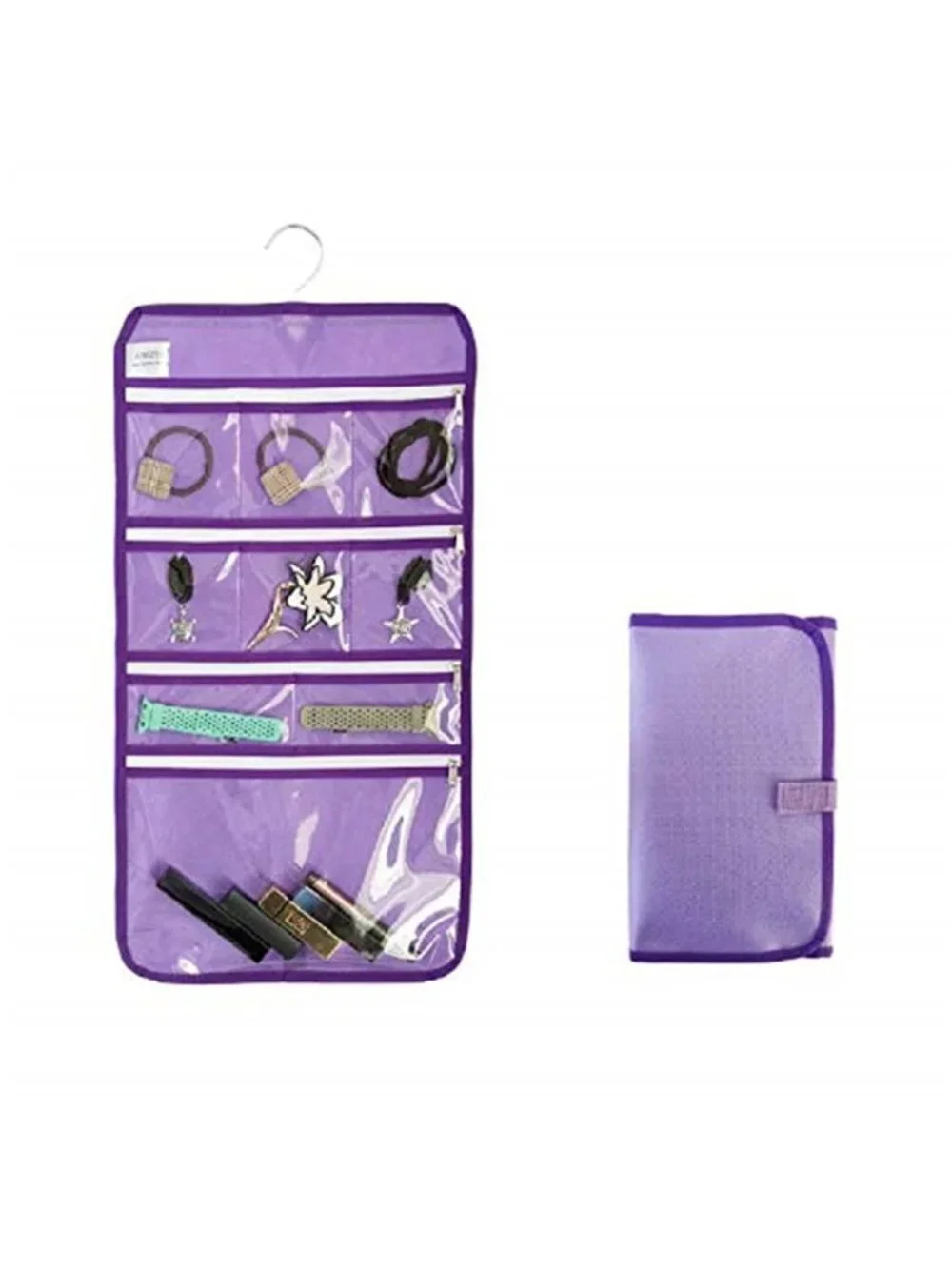 Hanging Jewelry Organizer Travel Storage Bag Clear Zipper Pocket Foldable Purple